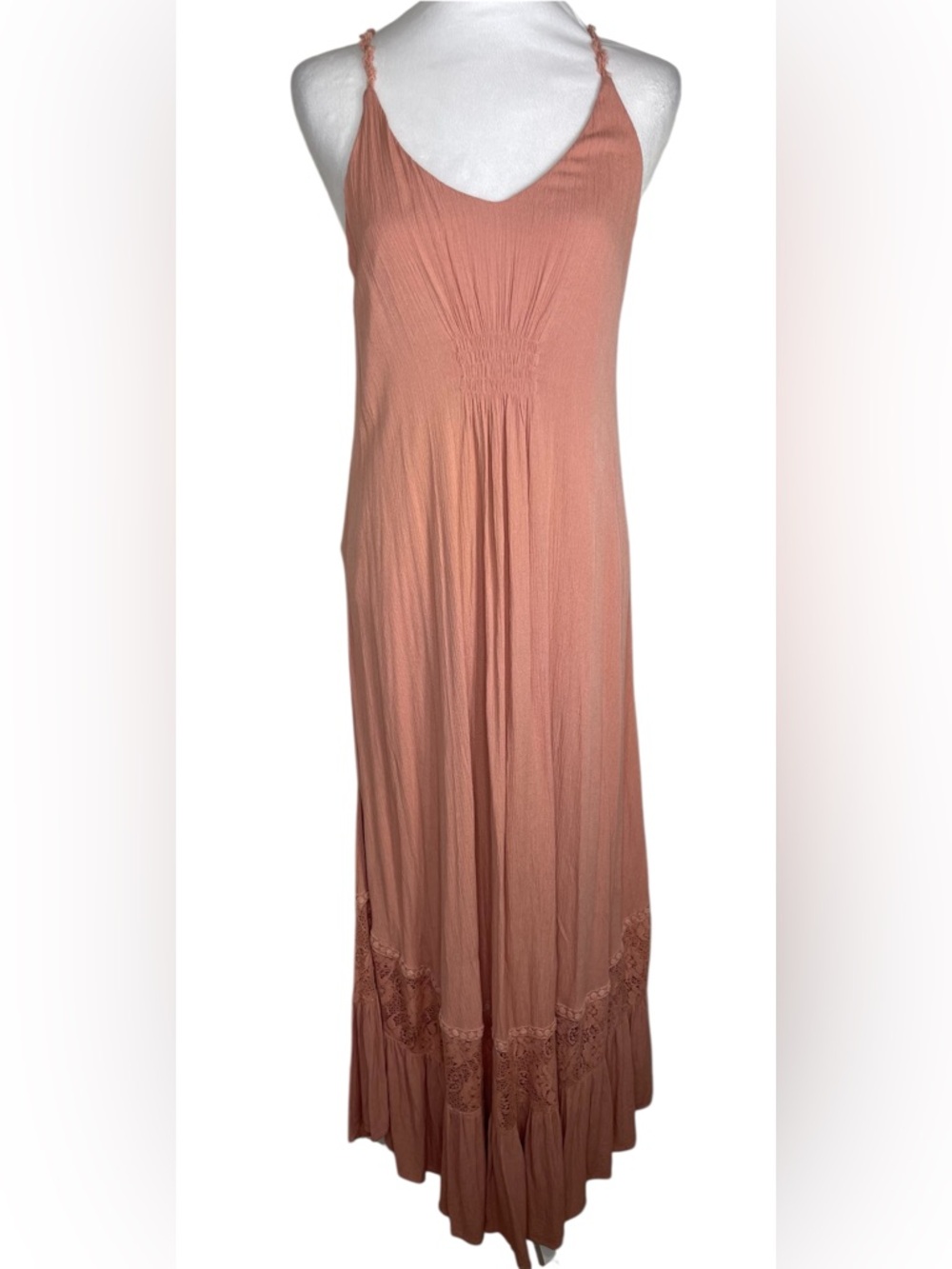 Altar’d State Boho Peach Maxi SunDress Strappy Lace Hem Coastal Resort Flowy Md - Picture 2 of 14